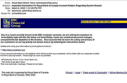 A phishing email from a botnet attack.