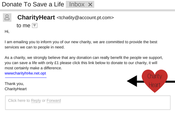 A fake charity email requesting the recipient to donate money.
