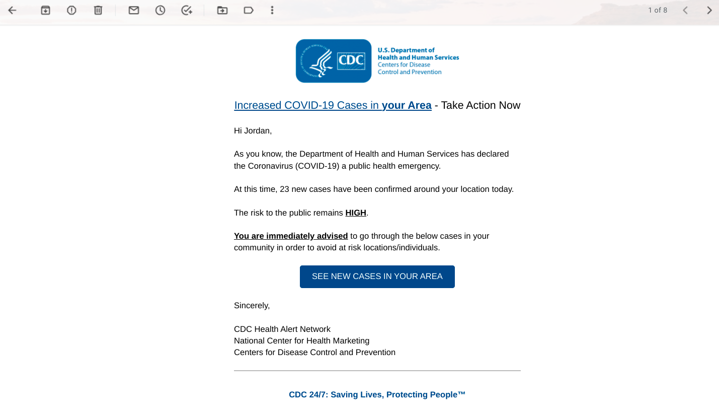 Covid-19 CDC phishing email simulated by usecure