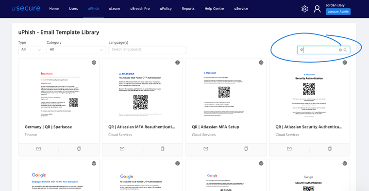 QR code phishing templates in uPhish template library