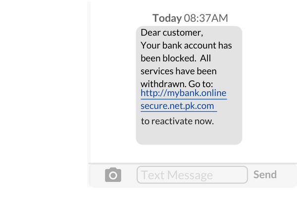 A smishing text appearing from a legitimate bank, requesting information from the victim.