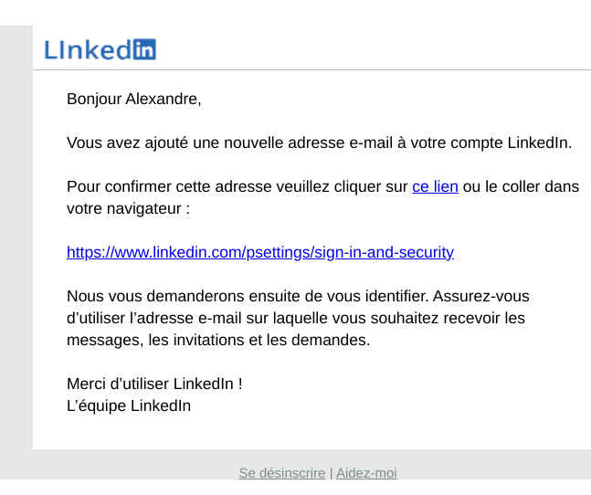 E-mail de phishing - LinkedIn