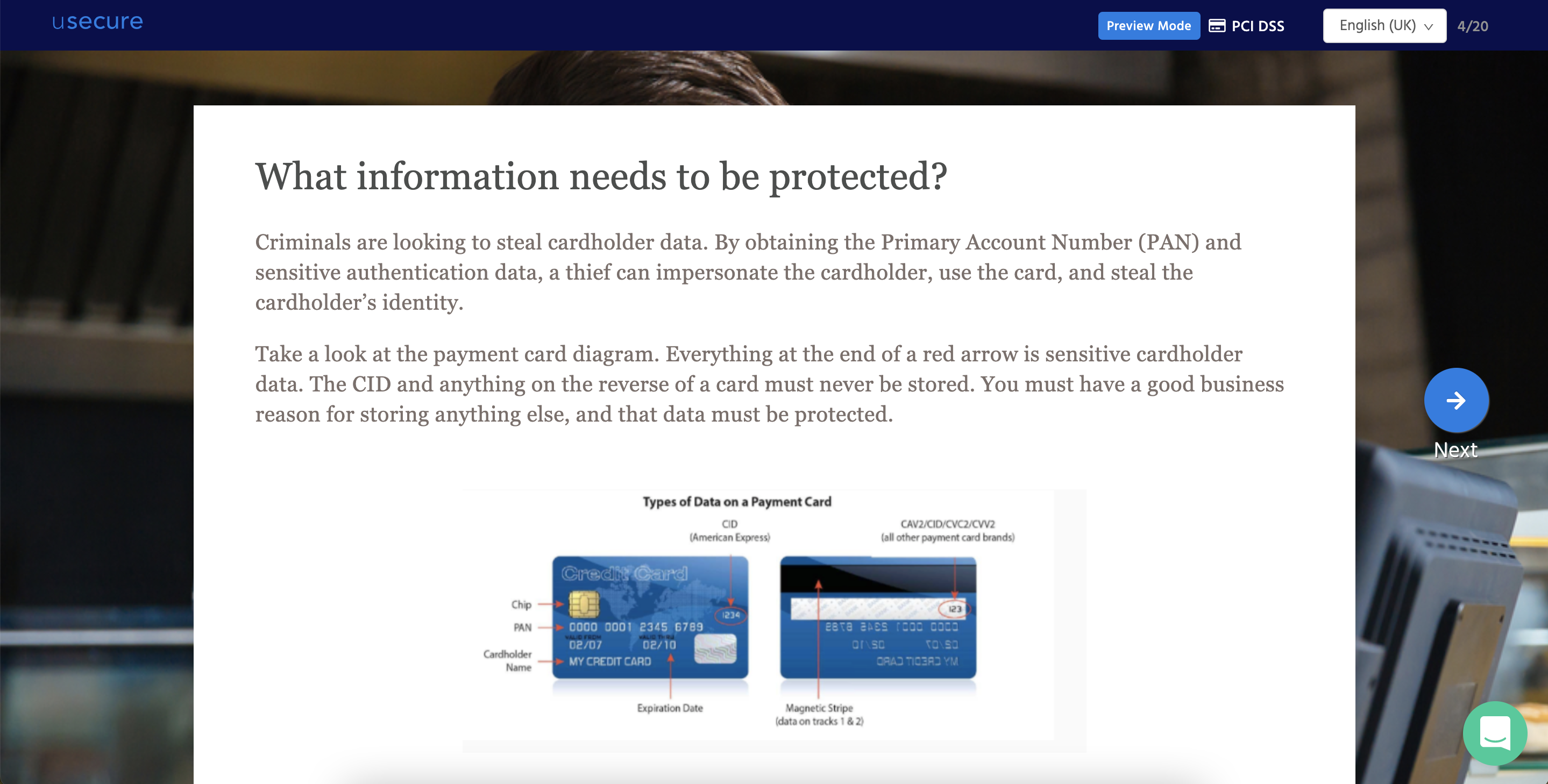 PCI DSS Training Course slide on what card details need to be protected
