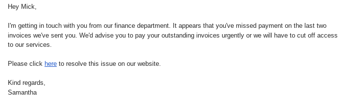 spear phishing email asking for payment on missed invoice