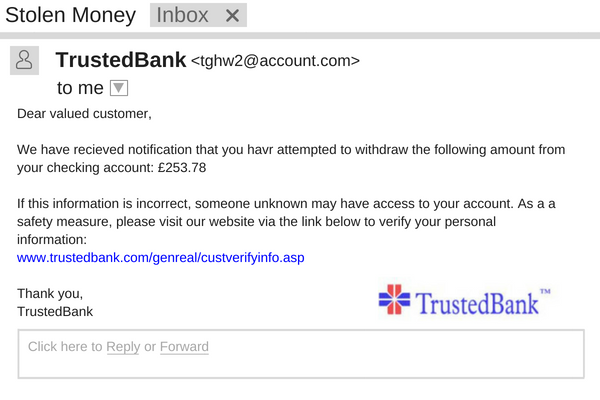 Deceptive Phishing attack appearing from a legitimate bank.