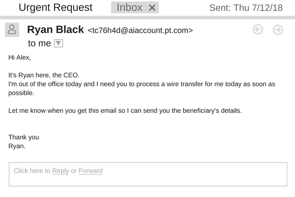 Whaling phishing attack, phisher appearing as CEO of a company.