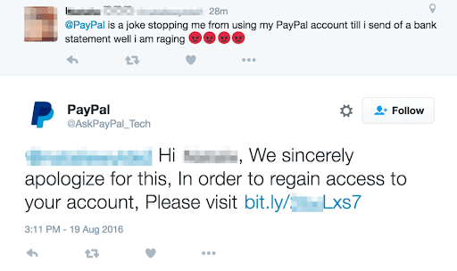Screenshot of Angler Phishing on a fake pay pal Twitter account.