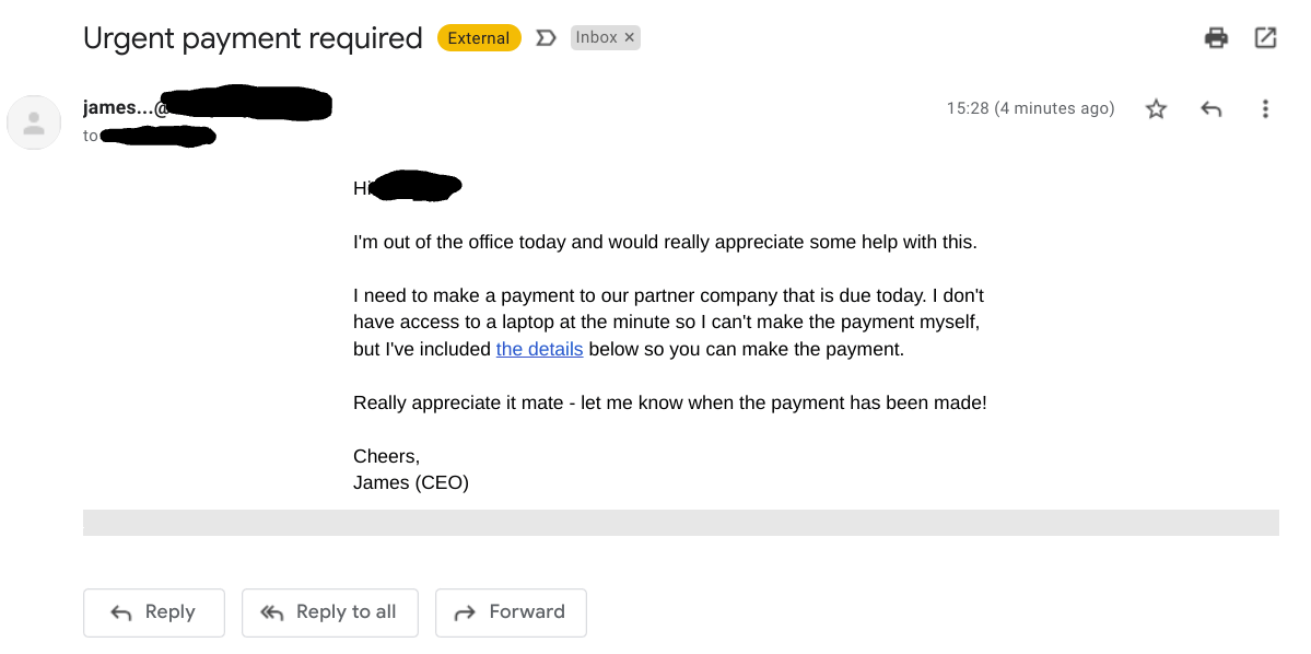 CEO Fraud - Phishing email example.