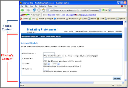 A manipulated content phishing attack on a banks website.