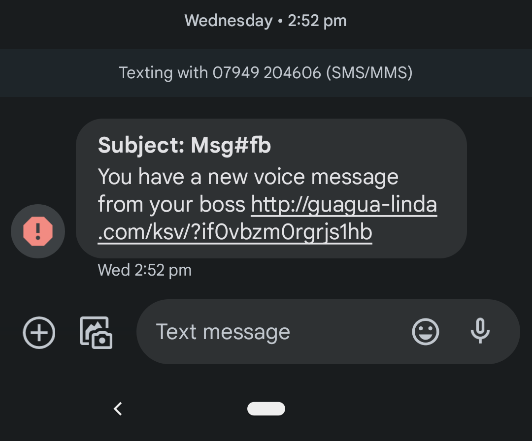 smishing message that claims the recipient has a new voice message from their "boss"