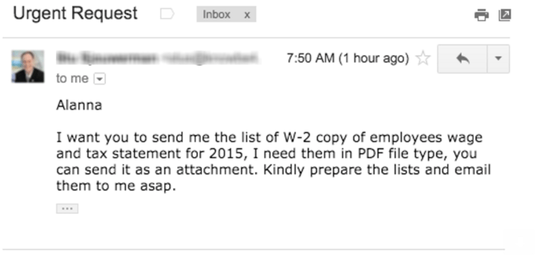 A spear phishing attack from a phisher appearing as a CEO.