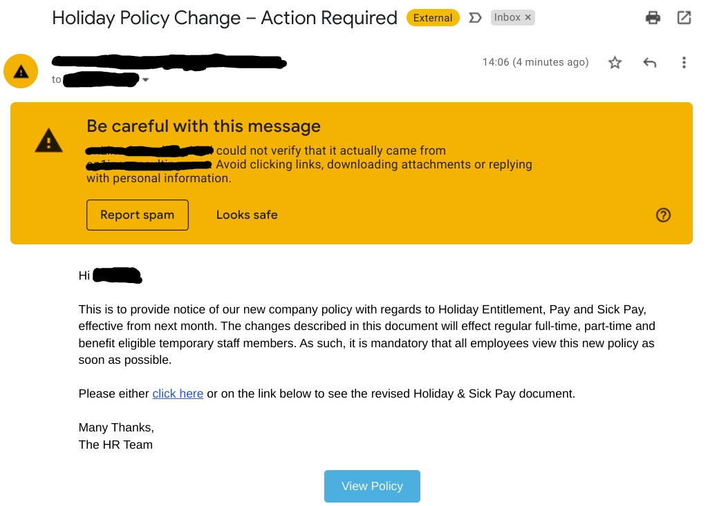 spear phishing email that claims to be from a HR department