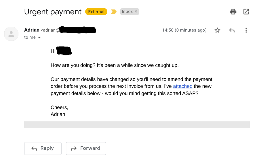 whaling email asking a senior manager to update payment details before paying an invoice