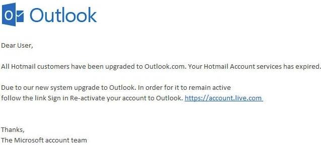 Security Change Spam: Your Hotmail Account Services Has Expired